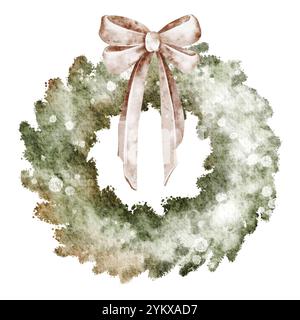 Aquarell-Weihnachtskranz immergrüner Vintage-Rahmen. Handgezeichneter Tannenbaum Weihnachtsdekoration gedämpfter Kiefernzweige. Stockfoto