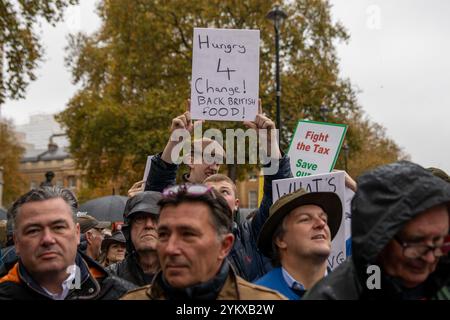 London, Großbritannien. November 2024. Die Demonstranten halten während der Demonstration Plakate. Landwirte und ihre Unterstützer demonstrieren in Zentral-London gegen die jüngsten Änderungen der Steuergesetze durch die britische Regierung. Quelle: SOPA Images Limited/Alamy Live News Stockfoto