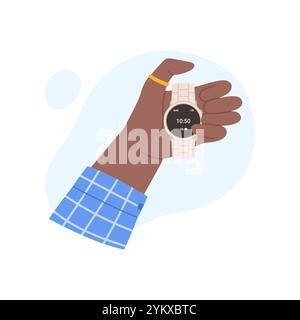 Männliche Hand hält Uhr mit Metallarmband in der Hand, um die Zeitvektor-Illustration zu überprüfen und zu steuern Stock Vektor