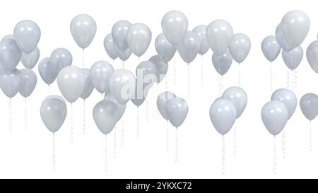 Fliegende silberne leere Partyballons isoliert auf weißem Hintergrund. 3D-Abbildung Stockfoto