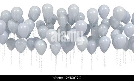 Silberne Ballons in einer Reihe isoliert auf weißem Hintergrund Stockfoto