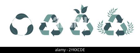 Vektor-Flachbild-Illustration, die Variationen des Recycling-Symbols zeigt. Stock Vektor