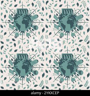 Seamless vector flat art pattern featuring the Earth surrounded by renewable energy symbols. Stock Vektor