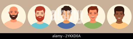 Avatare für Zeichen festgelegt. Porträt multikultureller multiethnischer Männer mit unterschiedlichen Frisuren. Junge Männer sehen Porträts im Kreis. Illustration des flachen Vektors Stock Vektor