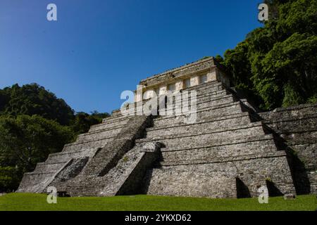 Tempel der Inschriften in Palenque, Chiapas, Mexiko. Beeindruckende Pyramide umgeben von tropischem Dschungel in einer massiven archäologischen Stätte. Stockfoto