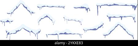 Sammlung flauschiger Wolken in Bewegung mit tropfenden Spitzen. Schneebedeckte Wintergrenze mit einem Haufen von Schneeflocken und eisigen Drifts. Isolat der Illustration des flachen Vektors Stock Vektor