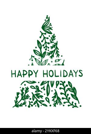 Handgezeichneter botanischer Weihnachtsbaum mit Happy Holidays Schriftzug, perfekt für festliche Grußkarten und Designs, Vektorillustration Stock Vektor