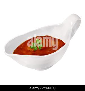 Porzellan-Soße mit Tomatensoße. Digitale Illustration mit Aquarell. Grüne Petersilienblätter in heißer Soße isoliert auf weißem Hintergrund. Schüssel mit k Stockfoto
