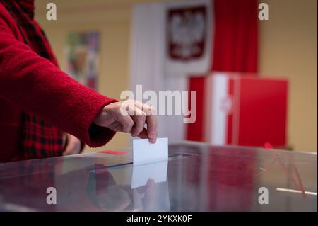 Die Hand des Wählers, die die Stimme in die Wahlurne bringt. Stockfoto