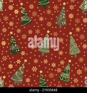 Weihnachten nahtlose Vektormuster mit Tannen und Schneeflocken Stock Vektor