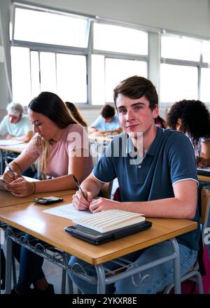 Portrait selbstbewusster junger Kaukasier, der am Schreibtisch mit Klassenkameraden im Klassenzimmer sitzt. Stockfoto