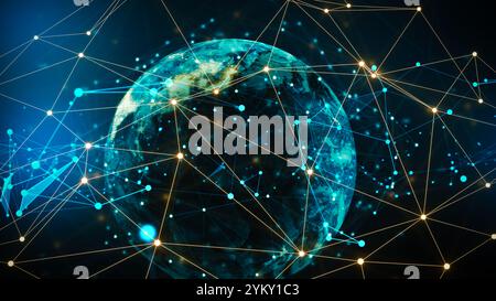 Abstraktes Technologienetzwerk mit leuchtenden Knoten und Linien. Moderner und anspruchsvoller Hintergrund für Banner, Poster und soziale Medien. Digitale Technologie Stockfoto