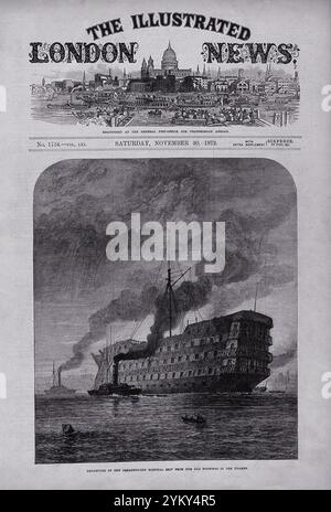 H.M.S. Dreadnought, ein Krankenhausschiff, das von Greenwich nach Chatham mit Schleppern geschleppt wird. Holzstich von J. Greenaway, mit Buchdruck und Ansicht der St. Paul's Cathedral im Titelbereich, 1872. Stockfoto