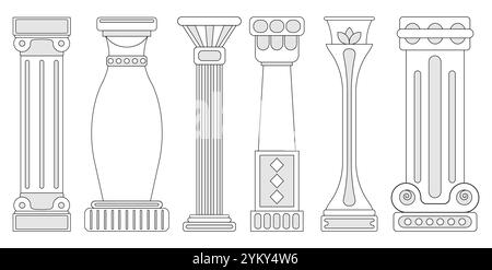 Alte Spaltengruppe umreißen. Marle alte Podeste und Podeste. Mittelalterliche römische und griechische architektonische Elemente. Vintage-Skulptur. Linearer Vektor Stock Vektor