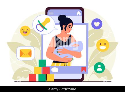 Mutter Video-Bloggerin. Frau mit Kind in den Armen auf dem Smartphone-Bildschirm. Beliebter Blogger und Influencer, Freelancer. Mutterschaft und Kindheit. Flacher Vektor Stock Vektor