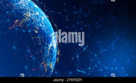 Abstraktes Technologienetzwerk mit leuchtenden Knoten und Linien. Moderner und anspruchsvoller Hintergrund für Banner, Poster und soziale Medien. Digitale Technologie Stockfoto