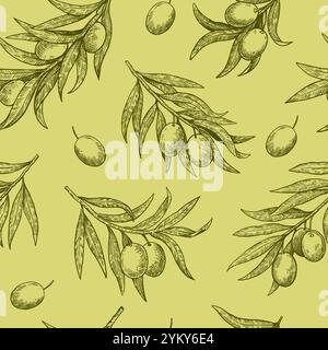 Einfarbiges, nahtloses Muster von Olivenzweigen im Stile der Gravur. Handgezeichnete Vektorillustration für Design und Dekor. Stock Vektor