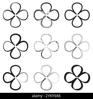 Set mit Blumenmuster. Dekorative Blumensymbole. Minimalistische schwarze Formen. Handgezeichnete Vektorelemente. Stock Vektor