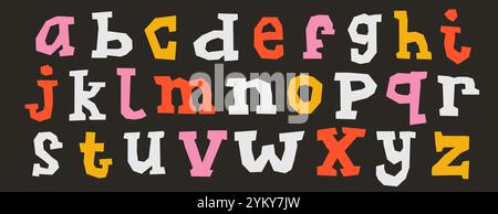 Papierkorrektur. Buntes Collage-Set mit Serifenbuchstaben. Basteln Sie Kid Schriftart Elemente Bundle für Dekoration, Poster, Banner, Druck. Kleinschreibung abc-Pack im Ransom-Stil. Vektor Stock Vektor