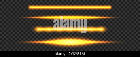Leuchtendes goldenes Leuchtenset für Neonröhren. LED-Lichtstrahl-Sammlung. Helle heiße leuchtende Leuchtstoffbalken-Stablinien. Glänzend warme Farbstreifen-Elementpaket zum Teilen, Trennen, Verzieren. Vektor Stock Vektor