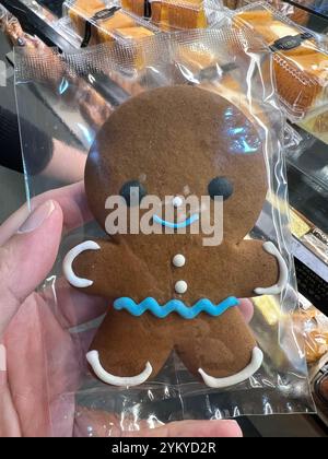 Super entzückendes süßes Smiley Lebkuchenmann Cookie Design in Plastikverpackung für verzehrfertig. Planen Sie den Weihnachtsverkauf ein. Singapur Stockfoto