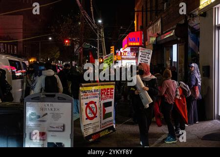 Brooklyn, NY - 19. November 2024. Pro-palästinensische Demonstranten liefen vom Kings Highway die Nostrand Avenue hinunter zur Avenue J in Midwood, trugen Plakate und palästinensische Fahnen, schlugen Trommeln und singen. Die Polizei war außer Kraft, aber es gab keinen Konflikt, und die Demonstranten brachen auf und zerstreuten sich gegen 21:25 Uhr vor Amaryllis, einem in jüdischem Besitz befindlichen Nagelsalon. Auf den Plakaten steht: „Ende aller US-Hilfe für Israel“, und auf den anderen steht: „Palästinenser haben das Recht, in ihr Land zurückzukehren.“ Ein Mann, der chassidisch zu sein scheint, trägt ein großes Schild mit der Aufschrift „traditionelle Juden haben nie erkannt Stockfoto