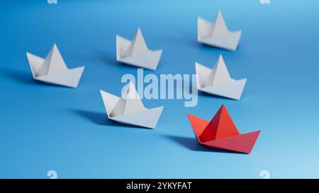 Leaderboat of Red Paper Ship Concept zwischen White Paper Ship. Key man und Business erfolgreich mit einer Richtung zusammen. Abbildung mit schwarzer Textur Stockfoto