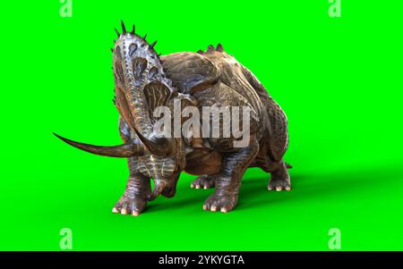 3D-Illustration eines majestätischen Dinosauriers in einer prähistorischen Landschaft isoliert auf grünem Hintergrund mit Clipping Path. Stockfoto