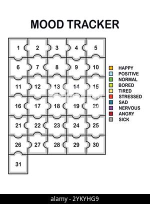 Stimmungs-Tracker in Pixel. Kalender monatlich, jährlich, wöchentlich, tagtäglich. Kalender für persönliche und geschäftliche Probleme. Gefühlsplaner, Gewohnheitstracker Stock Vektor
