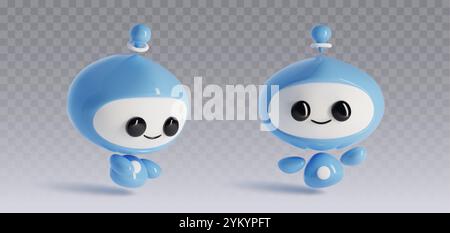 3D süßer Ai Roboter Charakter. Chat Bot Maskottchen isoliertes Vektorsymbol. Digitales Chatbot-Set für künstliche Intelligenz. Virtuelles futuristisches Spielzeug-Lächeln. Kinderagentin mit Gesicht und Auge. Elektrischer Cyborg-Assistent Stock Vektor