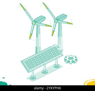 Isometrische zwei Windkraftwerke und Sonnenkollektor isoliert auf weißem Hintergrund. Erzeugung sauberer grüner Energie. Windturbinen. Gliederungsobjekte. Stock Vektor