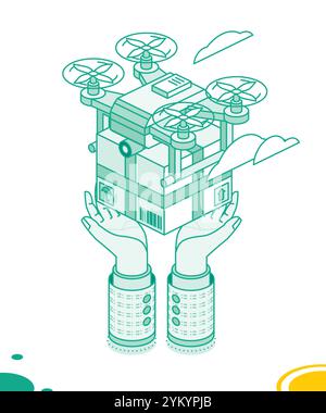 Drohne liefert und legt eine Kiste in die Hände. Service-Technologie. Vektorabbildungen. Konzept der isometrischen Umrisse. Quadcopter mit Paket. Stock Vektor