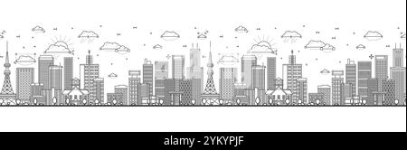 Nahtloses Muster mit umrissener Skyline von Sapporo Japan mit modernen und historischen Gebäuden isoliert auf weiß. Vektorabbildung. Sapporo Stadtbild Stock Vektor