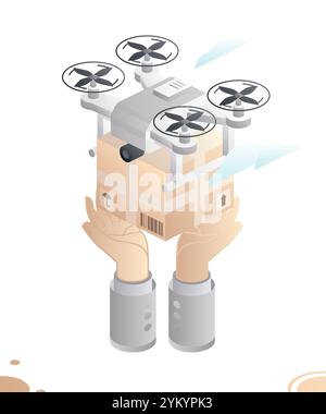 Drohne liefert und legt eine Kiste in die Hände. Service-Technologie. Vektorabbildungen. Isometrisches Konzept. Quadcopter mit Paket. Drohne liefert Waren. Stock Vektor