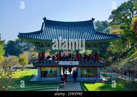 Yangyang County, Südkorea - 3. November 2024: Der berühmte Botarak Pavillon am Naksansa Tempel, der traditionelle koreanische Architektur umgibt Stockfoto