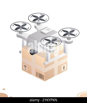 Isometrischer Drohnen-Quadcopter mit Paketkasten isoliert auf weiß. Vektorabbildung. Lieferung von Waren an den Käufer. Futuristische Transportlogistik Stock Vektor