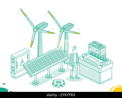 Zwei isometrische Windturbinen, Solarmodul, Kfz-Akkumulator und 9-V-Batterie auf weißem Hintergrund isoliert. Erzeugung sauberer grüner Energie. Stock Vektor