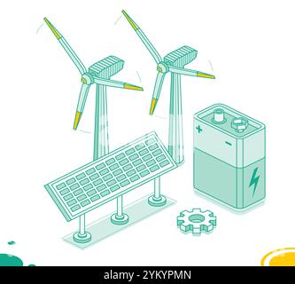 Zwei isometrische Windkraftwerke, Solarmodul und 9-V-Batterie auf weißem Hintergrund isoliert. Erzeugung sauberer grüner Energie. Windturbinen. Stock Vektor