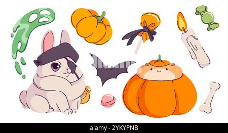 Verspieltes Halloween-Set mit Kawaii-Häschen und Piratenkostüm-Stirnband mit Fledermaus, Geist und Hamster in Kürbis, Bonbon-Lutscher und Knochen, brennender Kerze und Kürbis. Niedliche dekorative Elemente für Kinder. Stock Vektor