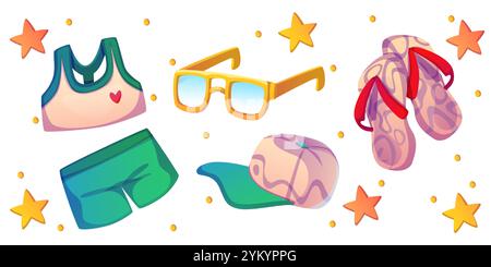 Sommerferien - smaragdgrüner Sport-BH mit Herzdetail, grüne Shorts, gelbe Sonnenbrille, gemusterte Baseballmütze und Flip-Flops mit roten Trägern. Die wichtigsten Cartoon-Gegenstände für die Seereise. Stock Vektor