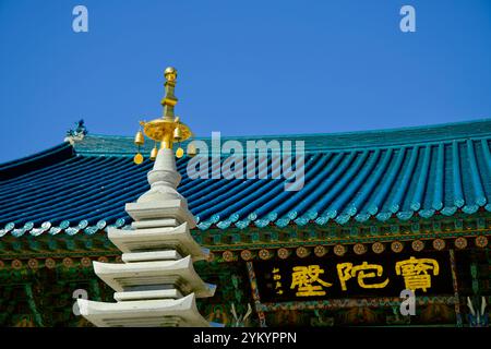 Yangyang County, Südkorea - 3. November 2024: Nahaufnahme des goldenen Felsens auf der Steinpagode vor der Botajeon Hall im Naksansa Tempel, W Stockfoto