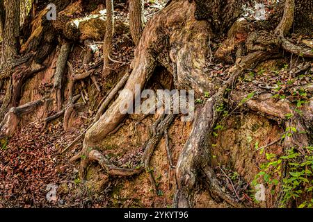 Exponierte Baumwurzeln mit grünen Blättern auf erodierter Erde dieses Foto eignet sich gut für Archivbibliotheken, Naturblogs und künstlerische Kreationen. Stockfoto
