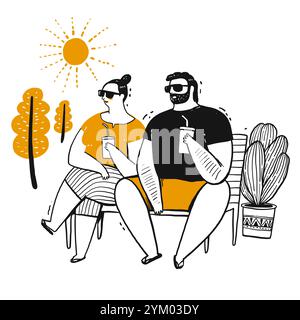 Der Zeichencharakter der Menschen, Kaffeepause. Vektorabbildung im Sketch-Doodle-Stil. Stock Vektor