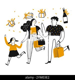 Der zeichnerische Charakter von Einkäufern. Vektorabbildung im Sketch-Doodle-Stil. Stock Vektor