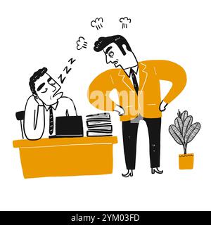 Der wütende Boss sieht schlafender Angestellter aus. Hand gezeichnete Doodle-Stil Vektor-Design Illustrationen. Stock Vektor