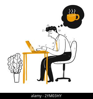 Geschäftsmann oder Mitarbeiter sind am Schreibtisch im Büro schläfrig oder schwindlig und denken an eine Tasse Kaffee. Handzeichnung Linie Art Kritzelstil isoliert auf weißem Rücken Stock Vektor