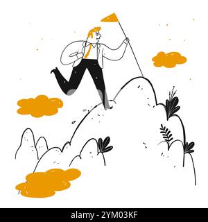 Geschäftsmann hält Fahnenstange, um zum Berggipfel zu klettern, Vektor-Illustration Hand zeichnen Kritzelstil. Stock Vektor