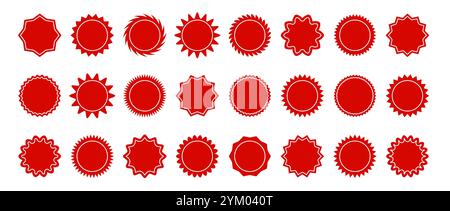 Set des Starburst-Preises im Retro-Stil auf weißem Hintergrund. Red Promotion Tags Kollektion. Illustration des abgewickelten Vektors Stock Vektor