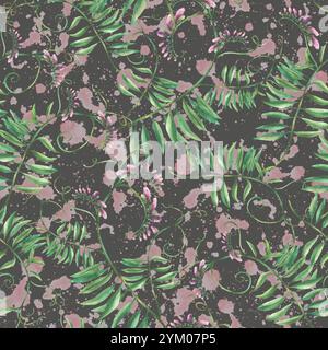 Wildblumen Zweig Maus Erbse Aquarell nahtloses Muster Flieder Blumen, Knospen, Blätter mit abstrakten Flecken und Spritzern. Handgezeichnete Illustration Sommer Stockfoto