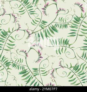 Wildblumen, Ackerpflanzen-Aquarellmuster. Mäuseerbse mit lilafarbenen Knospen und Blättern. Handgezeichnete Illustration mit Blumenmuster. Lockiger Wildzweig Stockfoto